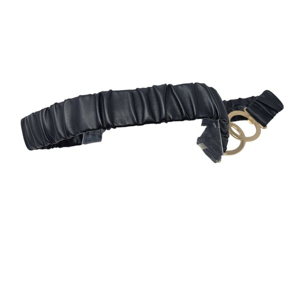 Womens Ruched Gathered Vegan Faux Leather Stretch Belt Sz XL Black Gold Buckle - Picture 8 of 8